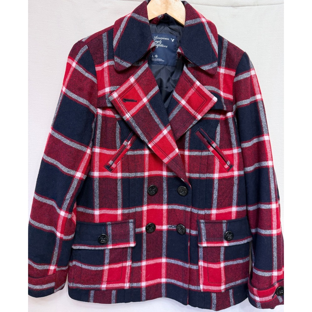 American Eagle Outfitters Red Navy Plaid Wool Blend Pea Coat Jacket Womens L